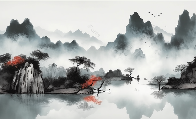 山水河流复古风意境自然景观中国风水墨画,插画/手绘图,插画/手绘图库,插画/手绘图下载,插画/手绘
